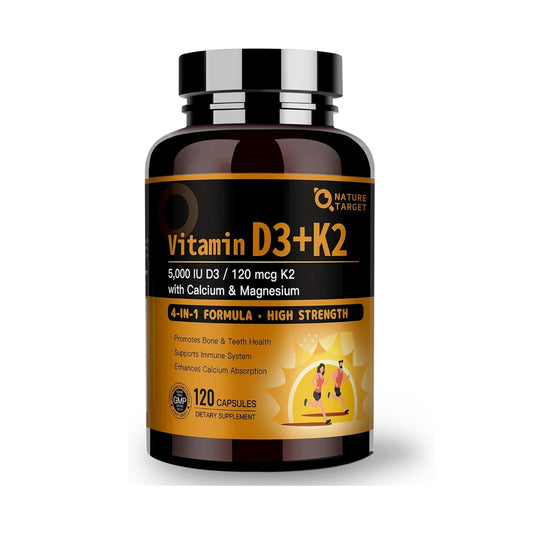 Vitamin D3 K2 with Calcium & Magnesium - Max Strength 4 in 1 Formula for Bone, Heart & Immune Support - 5000 IU Vitamin D3 & 120 mcg of Vitamin K2