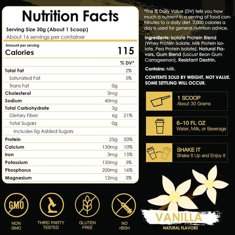 Isolate Whey Protein Powder Vanilla, 25g Protein Low Carb Sugar-Free & Gluten-Free