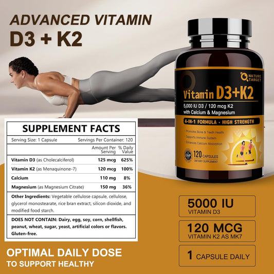 Vitamin D3 K2 with Calcium & Magnesium - Max Strength 4 in 1 Formula for Bone, Heart & Immune Support - 5000 IU Vitamin D3 & 120 mcg of Vitamin K2