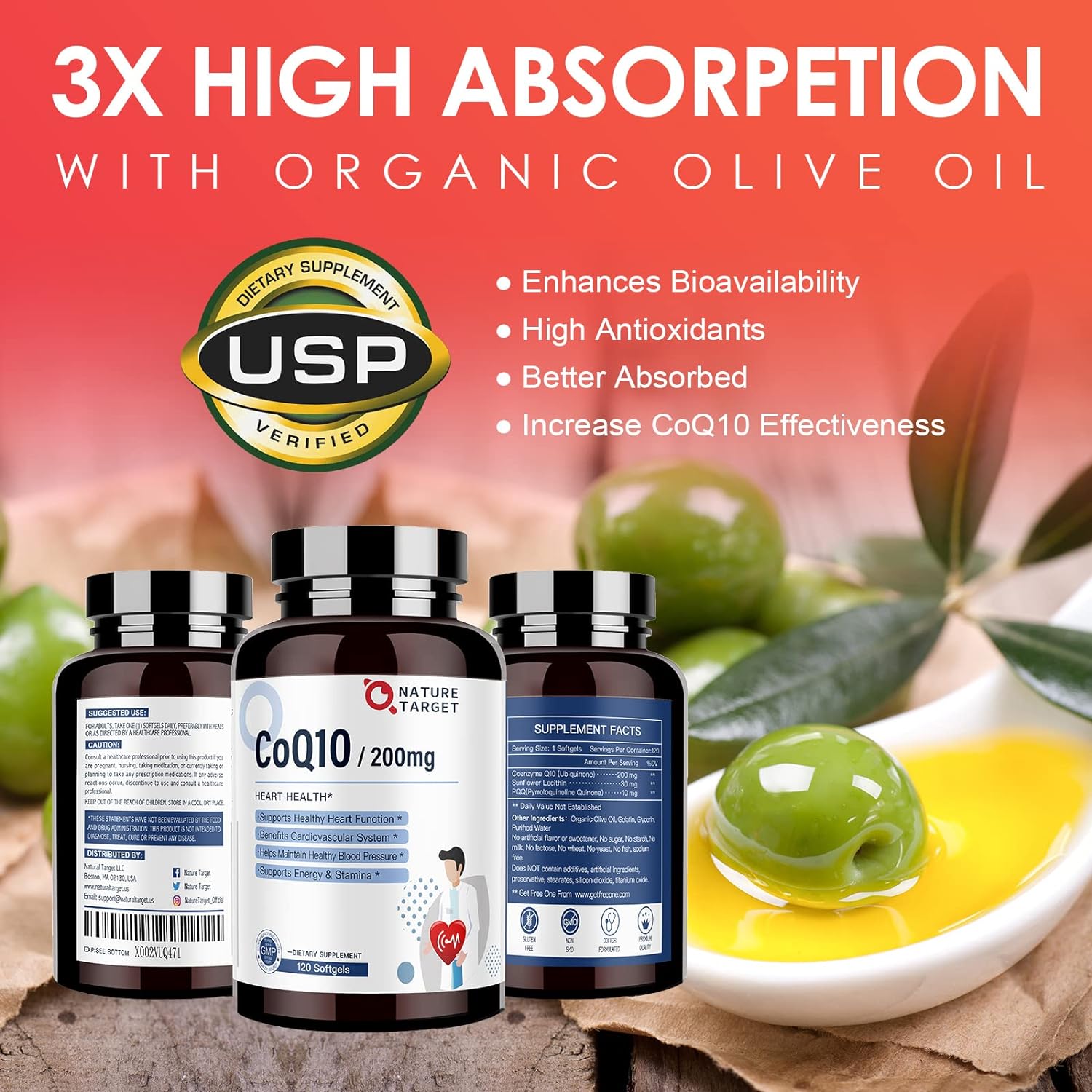 Highly Absorbable CoQ10 Softgels with Organic-Olive-Oil